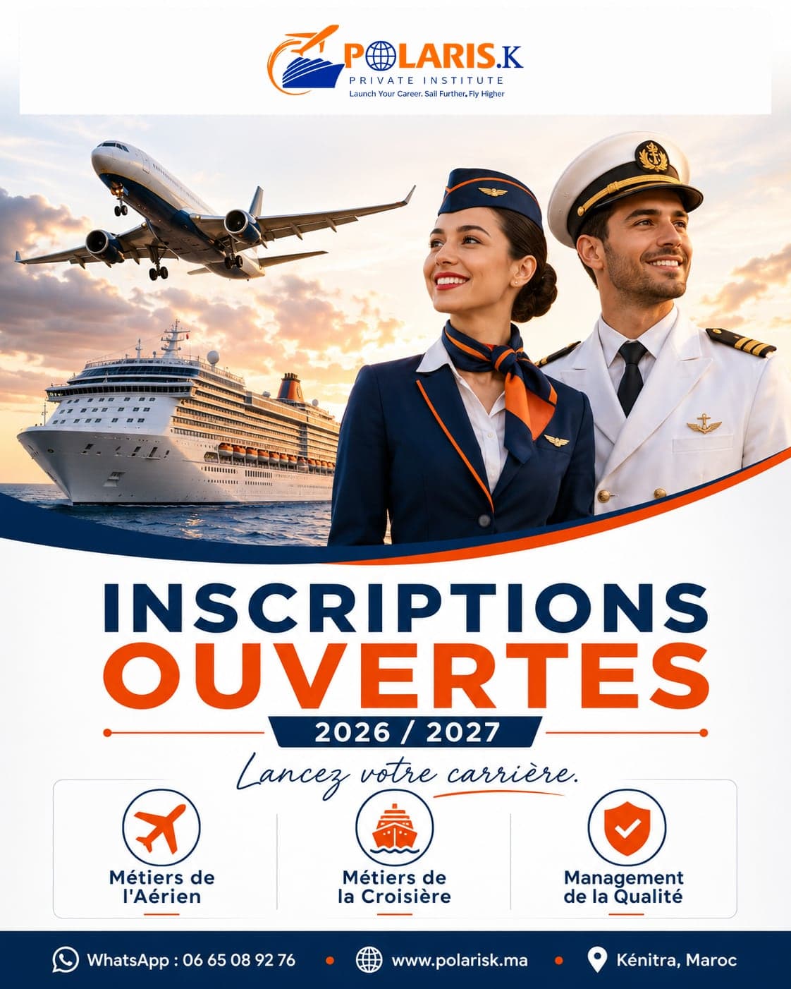 Affiche POLARIS.K : inscriptions 2026-2027 ouvertes — métiers de l’aérien, de la croisière et management de la qualité.
